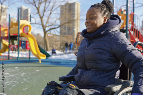 Cheerful Afro American woman with disabilities in a wheelchair against a playground. Shallow depth of field