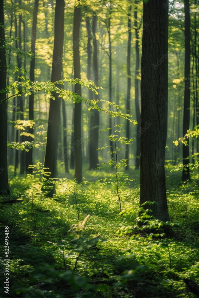Green forest with beech trees, during spring time, with sun light and shadows, in a morning misty atmosphere. Green forest with beech trees, during spring time, with sun light and shadows, in a morning misty atmosphere.