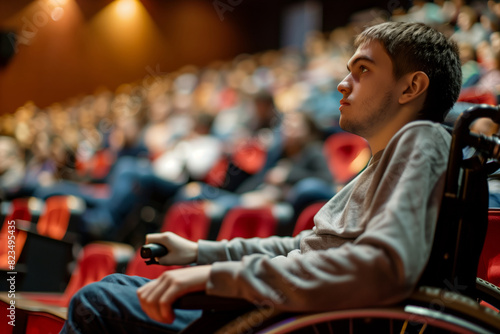 A man with disabilities in a wheelchair, watching a film in in a movie theater. Shallow depth of field