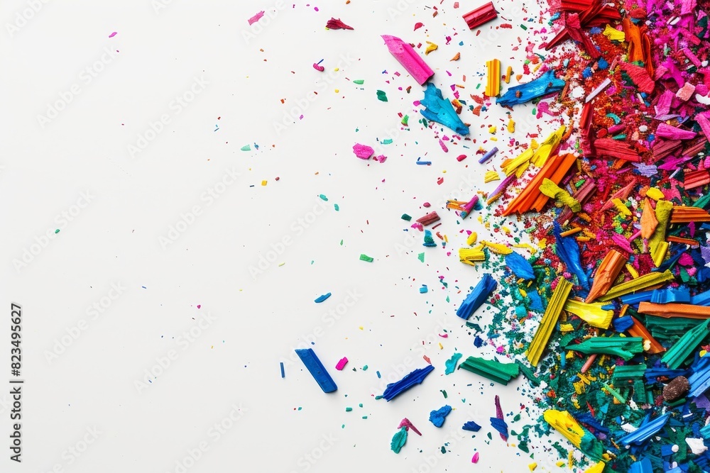 Colorful art splatter with vibrant crayon shavings scattered on a white background, showcasing creativity and imaginative expression.
