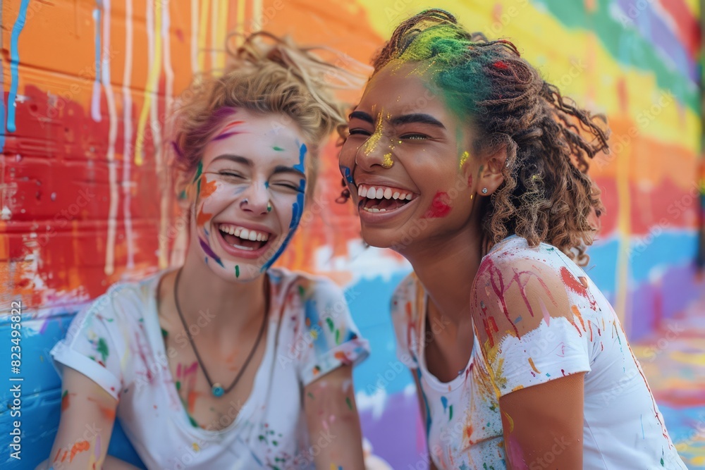 Colorful Love: Lesbian Couple Painting Rainbow Graffiti Together at Pride Event with Smudged Painted Shirts, Laughing Joyfully Colorful Love: Lesbian Couple Painting Rainbow Graffiti Together at Pride Event with Smudged Painted Shirts, Laughing Joyfully