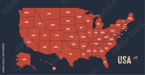 USA Map. Poster map of United States of America. Infographic design, USA with states, poster or geographic, political theme. Print map of USA states, silhouettes outline. Vector Illustration