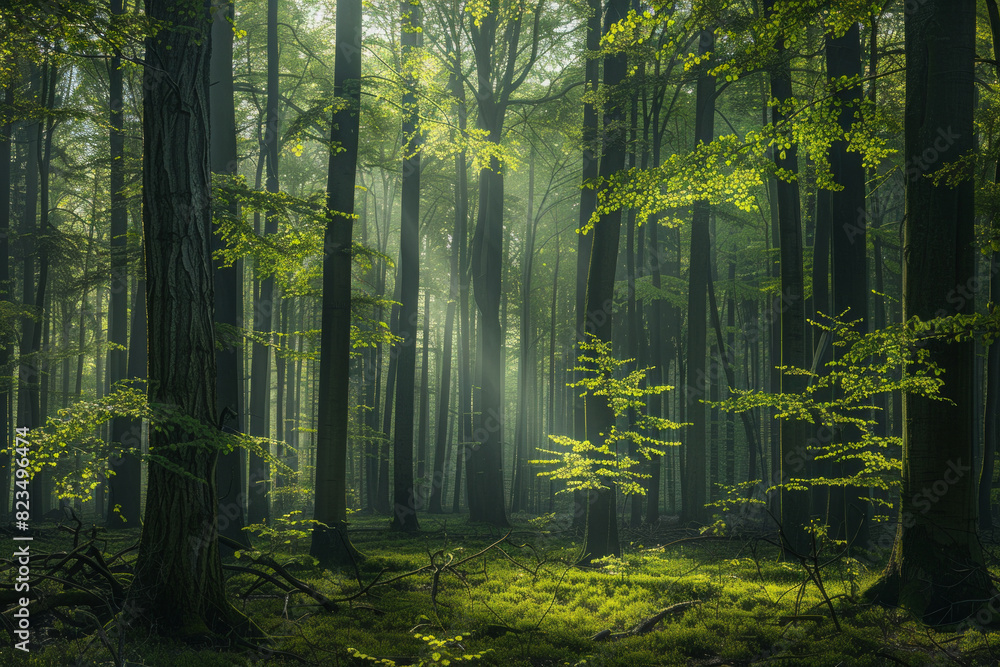 Green forest with beech trees, during spring time, with sun light and shadows, in a morning misty atmosphere. Green forest with beech trees, during spring time, with sun light and shadows, in a morning misty atmosphere.