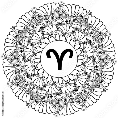 Zodiac mandala Aries, fantasy coloring page with astrological sign and meditative swirls