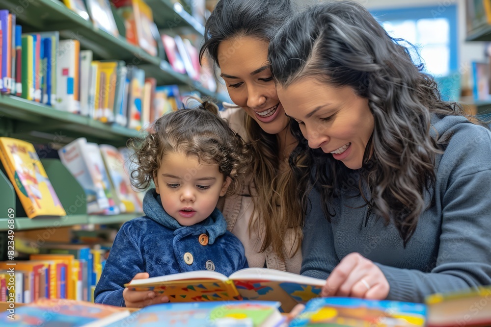 Fototapeta premium Happiness at the Library: Lesbian Mothers Bond with Kids in Reading Corner