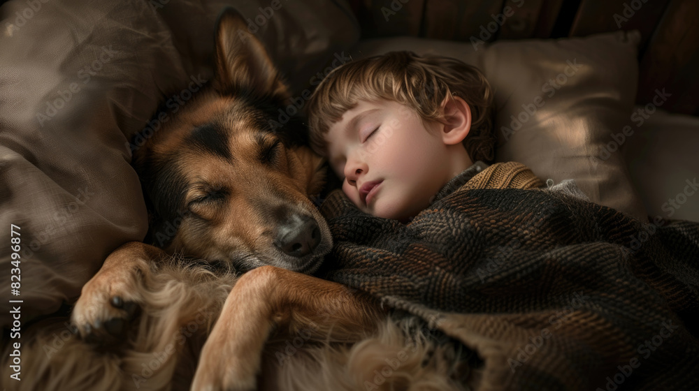 A young boy peacefully sleeping next to a dog on a bed A young boy peacefully sleeping next to a dog on a bed