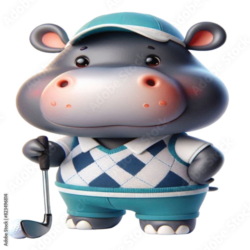 Hippo wearing golf  club sport game play fairway shot activity
