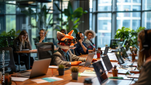 A person dressed in a fox costume sits at a conference room table with colleagues during a business meeting in a contemporary office filled with natural light and greenery