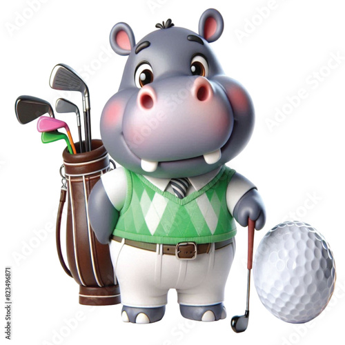 Hippo wearing golf  club sport game play fairway shot activity
