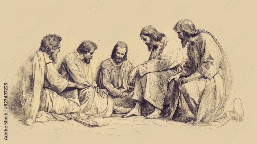 Fototapeta premium Jesus Washing the Feet of His Disciples, Biblical Illustration of Humility and Service, Perfect for Religious Stock Photography