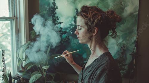 A woman standing in front of a window, smoking a cigarette photo