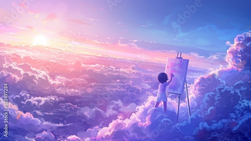 Child artist painting in the clouds  ethereal  beautiful  illustration