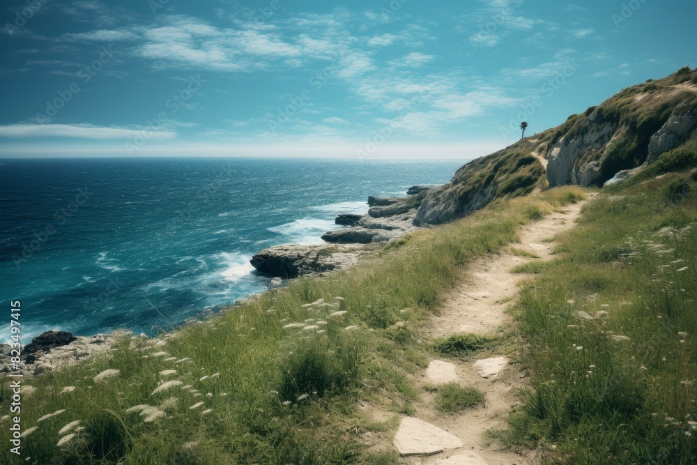 Lone hiker gazes out to sea from a scenic coastal trail under a clear blue sky