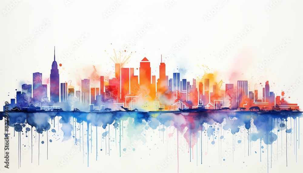 Abstract watercolor cityscape silhouettes,