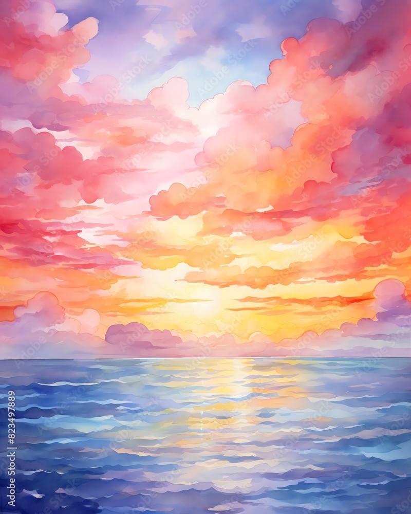 Dreamy watercolor sunset over the ocean with vibrant hues of orange and pink, Dreamy watercolor sunset over the ocean with vibrant hues of orange and pink,