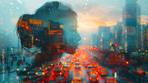 A woman's face is reflected in the glass of a building