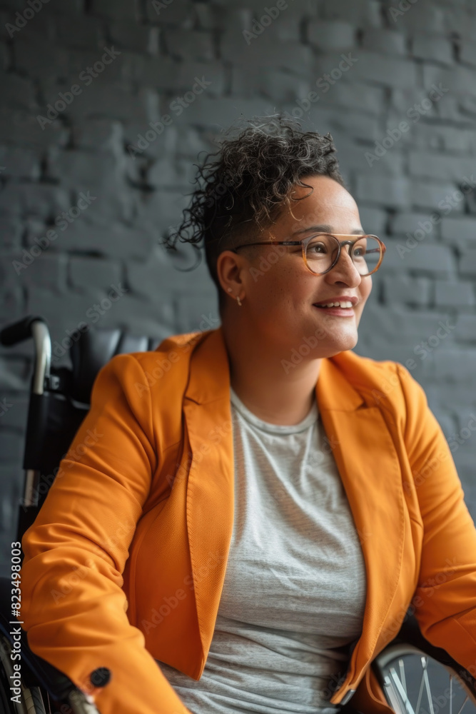 A woman seated in a wheelchair smiles directly at the camera A woman seated in a wheelchair smiles directly at the camera