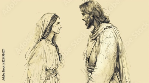 Jesus Appearing to Mary Magdalene After His Resurrection, Biblical Illustration of Faith and Revelation, Ideal for Religious article