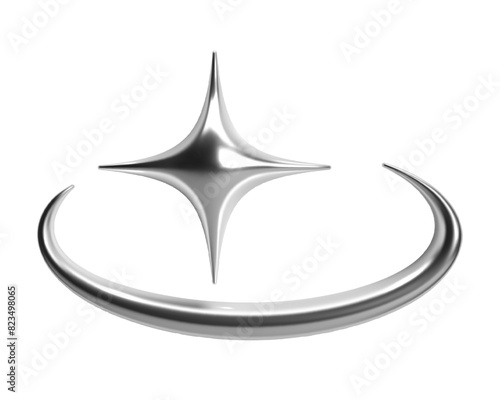Y2K 3D chrome abstract shape with a star and crescent, spark or flash, shiny metallic glossy silver surface. Isolated vector element for retro futuristic design, cyber space, and galaxy aesthetic