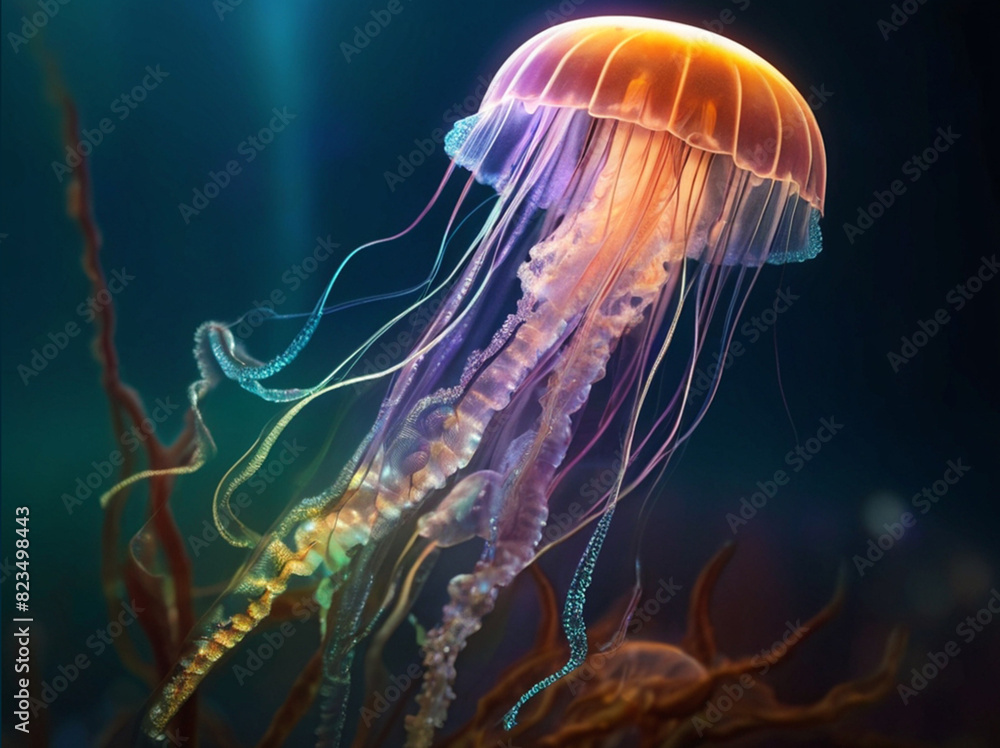 A jellyfish iridescent in different colors swims underwater. Generation Ai A jellyfish iridescent in different colors swims underwater. Generation Ai