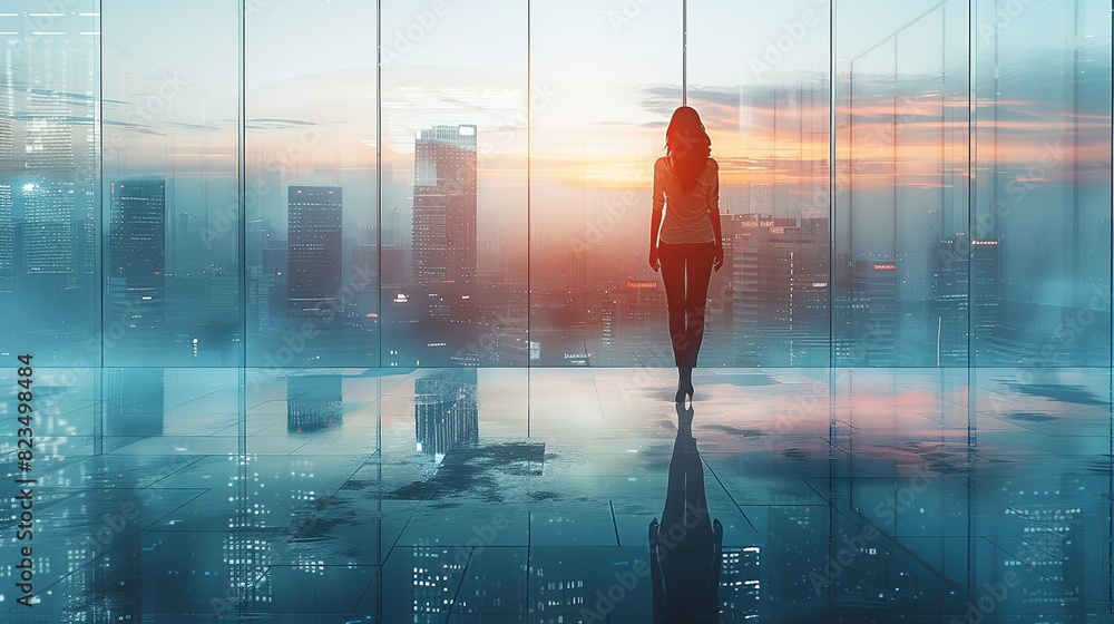 A woman is walking in a city at sunset A woman is walking in a city at sunset