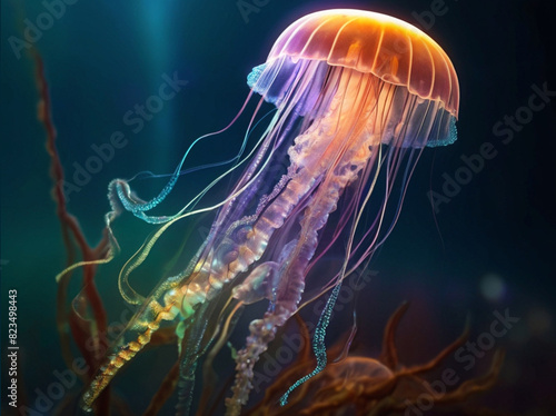 A jellyfish iridescent in different colors swims underwater. Generation Ai