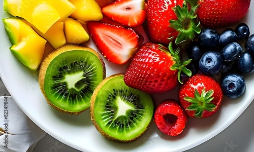 Salad, A top-down view of a fresh, colorful fruit platter featuring slices of watermelon, pineapple, kiwi, strawberries, and blueberries, artfully arranged on a white plate.
