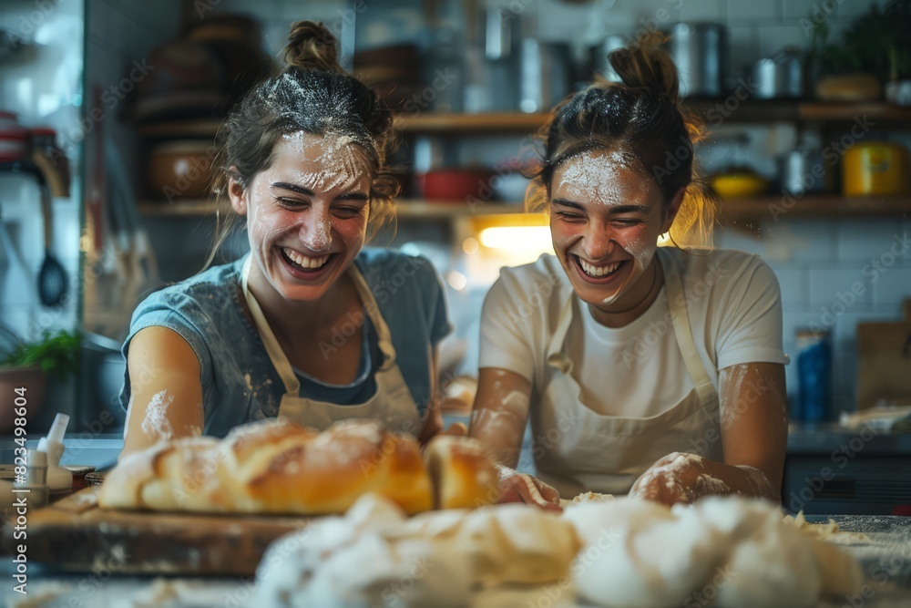 Joyful Lesbian Couple Baking Bread Together in Kitchen During a Fun Afternoon