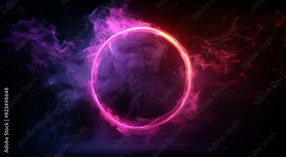 Abstract Neon Energy Sphere of Particles and Waves of Magical Glowing Pink and Purple Fire on a Dark Background, Circle and Loop Frames with Fiery Sparks