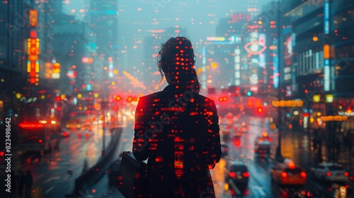 A woman stands in the rain, looking out at the city