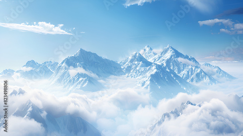Discover the Splendor of a Snow-Draped Mountain Range Beneath a Clear Blue Sky with the Glorious Sun Shining