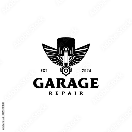Motorcycle and car piston engines, vehicle repair garages, vintage automotive logo designs