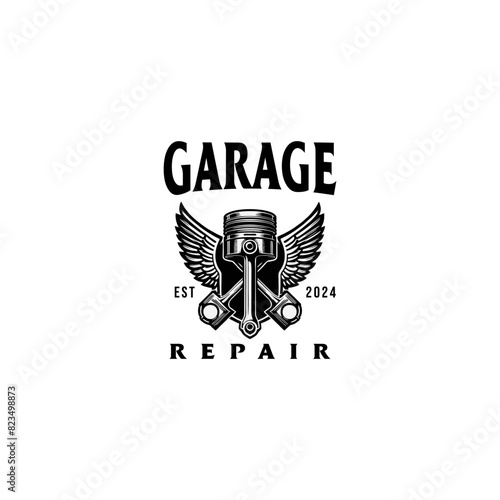 Vector emblem of piston engine wings, automotive garage logo design