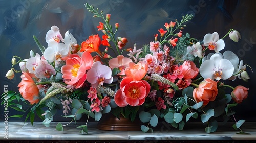 A watercolor composition of a floral arrangement centerpiece with a mix of elegant wedding flowers, including orchids, tulips, and greenery, creating a lush and romantic display. List of Art Media photo