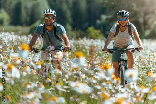 A gay couple riding a bicycle through a meadow on a nice day. They wore short-sleeved shirts and shorts, sunglasses and hard hats. The surrounding area is full of wild flowers.