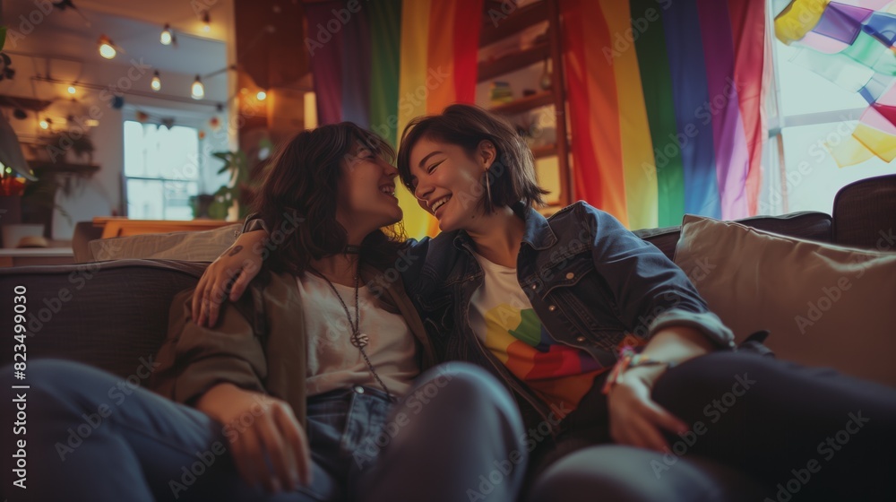 Warm and connected moment of two women on a sofa in a cozy living room, with colorful LGBTQ pride flags in the background, captured in soft focus to enhance the celebratory feel.