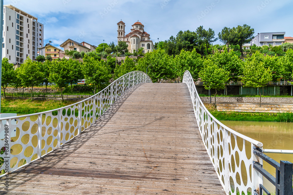 A view over a pedestrian bridge on the River Drin at Lezhe, Albania in summertime