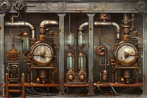 An intricate steampunk machine with numerous pipes, gears, and gauges, all centered around a glowing furnace.