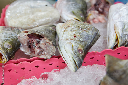 Close-up of Asian seabass chopped for sale at market