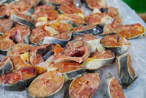 Close-up of catfish chopped for sale at market