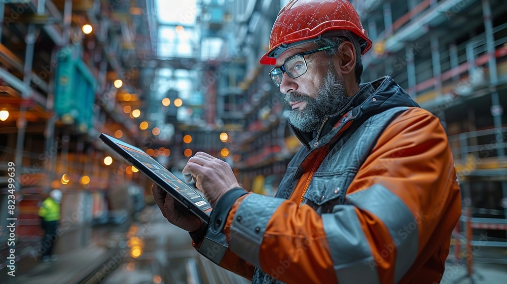 A man in a hard hat and orange jacket is using a tablet to look at something