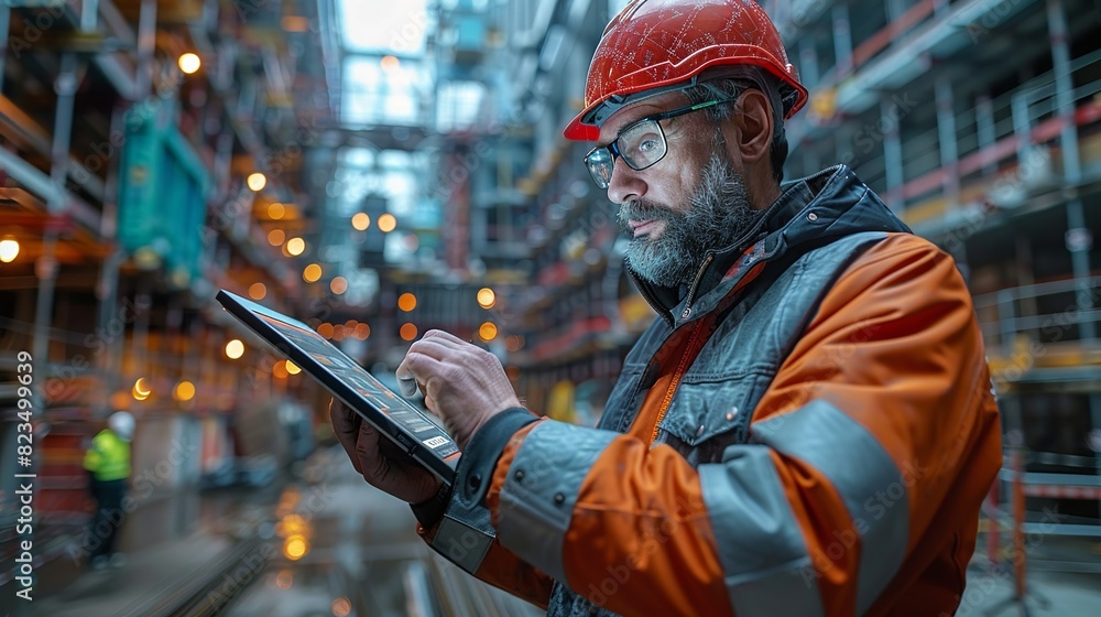 A man in a hard hat and orange jacket is using a tablet to look at something A man in a hard hat and orange jacket is using a tablet to look at something
