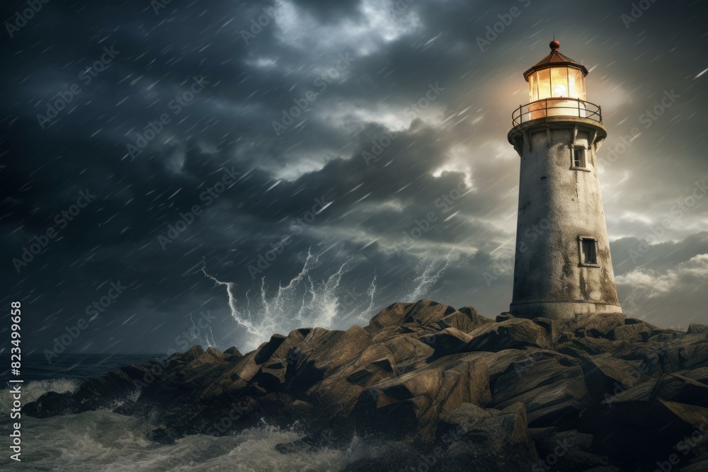 Dramatic view of a lighthouse with beacon light against a stormy sky with lightning