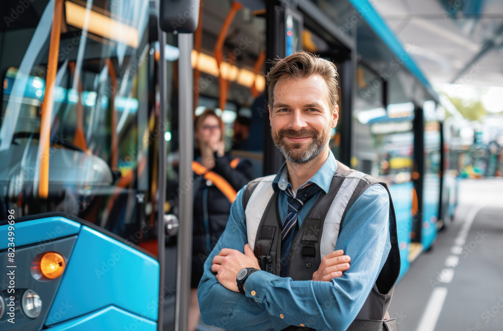 Bus Driver Body A photo of the bus driver in his uniform smiling, standing next to an ...