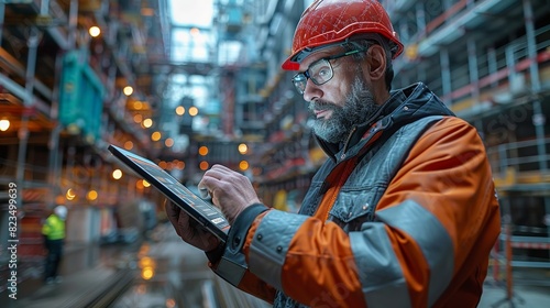 A man in a hard hat and orange jacket is using a tablet to look at something © DARIKA