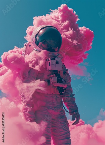 A surreal scene with an astronaut surrounded by billowing pink clouds giving an otherworldly impression photo