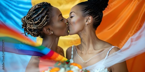 Two women kissing joyfully at their wedding during Pride Month celebration. Concept Love is Love, Pride Month Celebration, LGBTQ+ Wedding, Joyful Brides, Wedding Photography photo