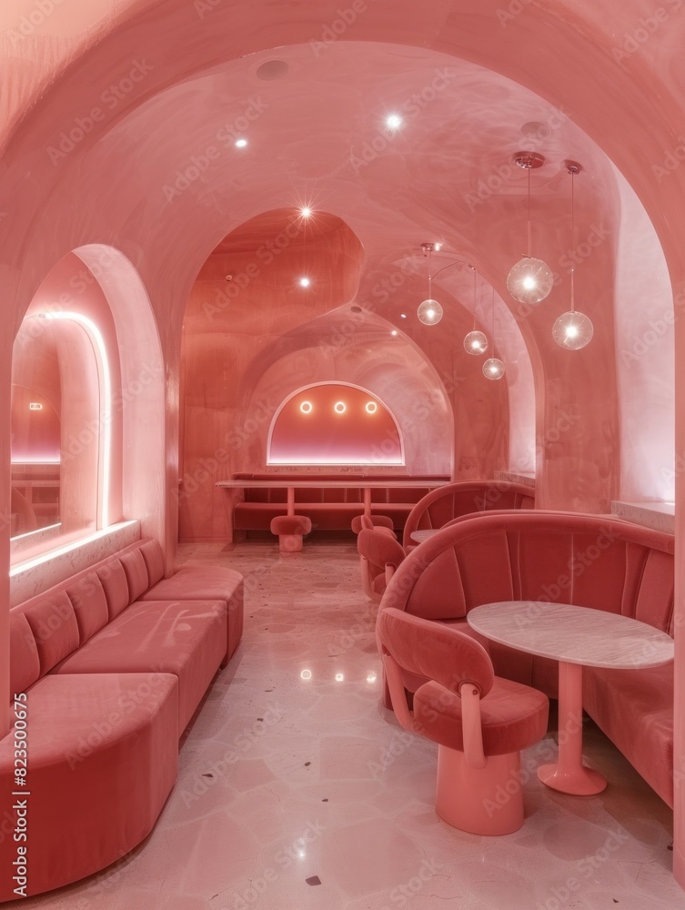 Fototapeta premium A modern restaurant with unique pink lighting and curved architecture provides a futuristic, luxurious atmosphere