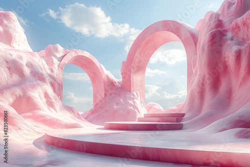 A whimsically designed pink rocky landscape with looped arches, resembling a tranquil, other-worldly scene photo