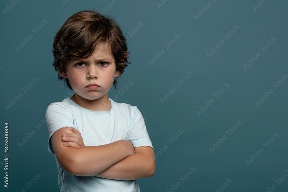 Offended young boy with arms crossed, upset expression towards camera Offended young boy with arms crossed, upset expression towards camera